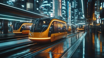Fototapeta premium Futuristic Train in a Neon-Lit City at Night