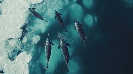 Fototapeta premium An aerial view of a pod of five dolphins swimming in icy blue water, surrounded by white ice floes.