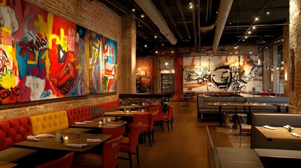 A modern, urban restaurant interior with graffiti art on the walls, exposed brick, and a mix of high-top tables and booths