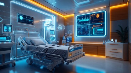 AI-driven predictive healthcare diagnostics in futuristic hospitals: A hospital room where AI monitors patient data and predicts potential health issues.
