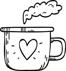 Hand drawn doodles, coffee cup, tea cup, mug with heart. Chocolate, hot drink, warming. Vector illustration, doodle