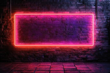 Bright pink neon frame glowing on empty brick wall background