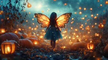 Fototapeta premium A Fairy with Glowing Wings Standing Among Pumpkins and Lights