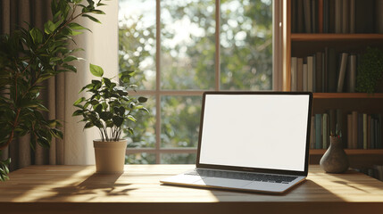 Fototapeta premium A close up of laptop with blank screen on wooden desk, surrounded by potted plant and cozy window view. serene atmosphere invites creativity and focus