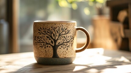 Fototapeta premium Ceramic mug with tree design on wooden