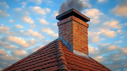Brick chimney smoking on a cloudy day on tiled roof