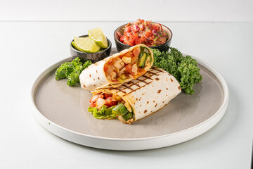 Fresh and delicious chicken wrap with vegetables served on a plate with salsa, broccoli, and lime wedges. Ideal for healthy eating concepts.