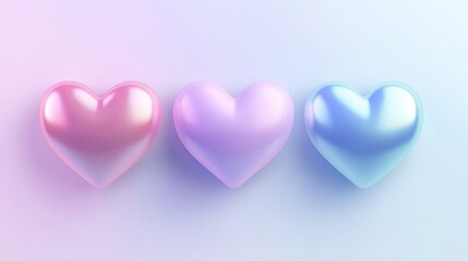 Obraz premium Three glossy pastel hearts arranged in a row against a soft gradient background for a romantic aesthetic