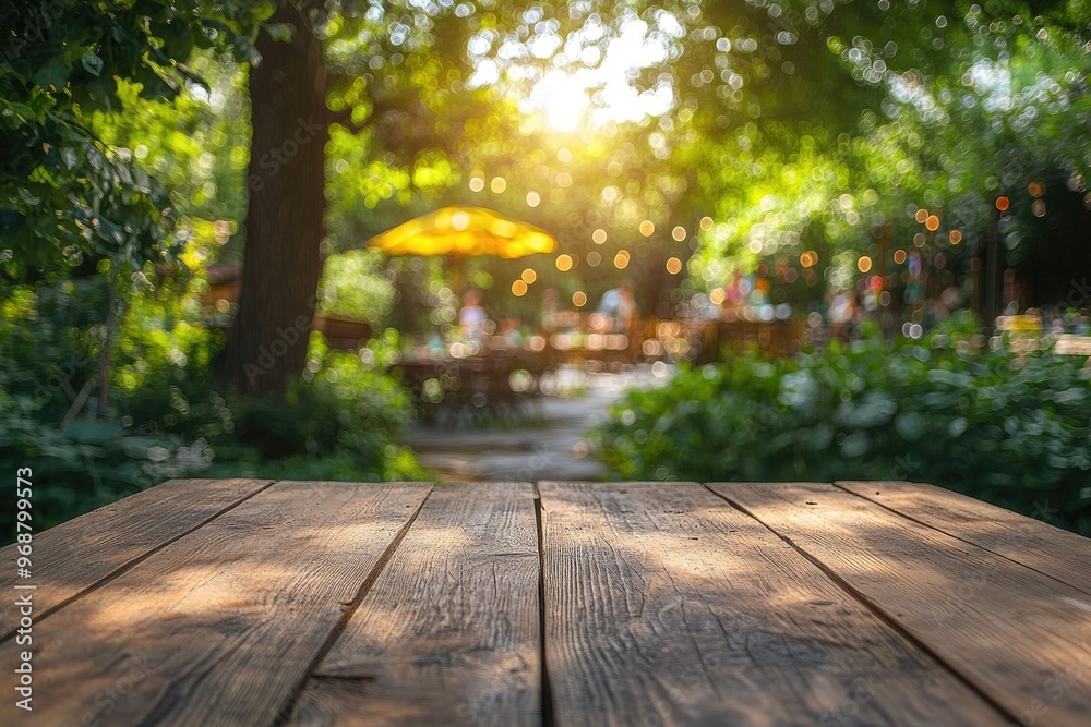 Poster empty wooden table showing outdoor restaurant in the background with string lights
