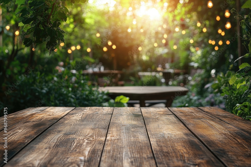 Poster empty wooden table showing outdoor restaurant in the background with string lights