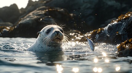 Naklejka premium A curious seal with spots, poking its head out of the water, looking at a fish that is swimming by, with the sun glinting off the water.