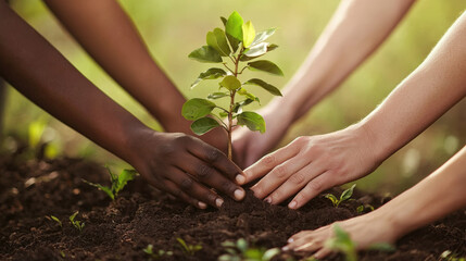 Planting young tree together symbolizes unity and hope for greener future. Hands of different backgrounds come together to nurture life and promote environmental awareness