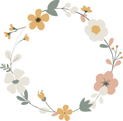 Watercolor floral wreath with tiny cute flower. Abstract round frame with flowers and leaves