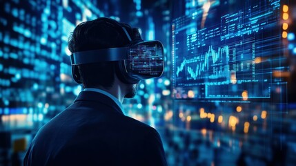 Businessman Wearing VR Headset Observing Financial Data in a Futuristic Cityscape