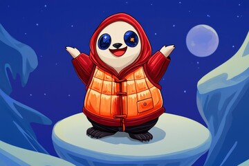Naklejka premium Cute Panda in Red Hoodie on a Snowy Mountaintop