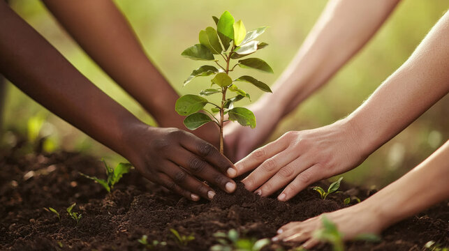 Planting young tree together symbolizes unity and hope for greener future. Hands of different backgrounds come together to nurture life and promote environmental awareness