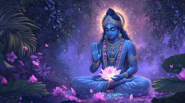 A serene illustration of Lord Vishnu sitting gracefully on lotus, surrounded by vibrant flowers and lush greenery, radiating tranquility and divine energy