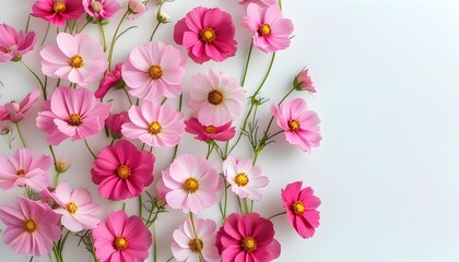 Stunning Flat Lay of Pink Cosmos Flowers on a White Background with Generous Copy Space