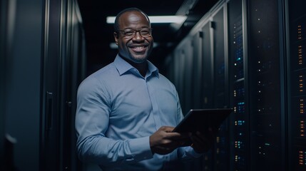 African American businessman with a digital tablet standing in a dark server room