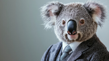 A koala in business suit exudes relaxed yet professional vibe against minimal background. This unique portrayal blends whimsy with sophistication, creating an engaging visual