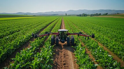 AI-Powered Precision Agriculture with Autonomous Machines: Farming equipment operated by AI performing precise agricultural tasks on large fields.
