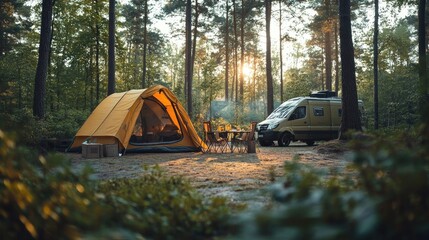 Camper van parked near tent and table in forest at sunset