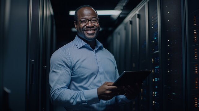 African American businessman with a digital tablet standing in a dark server room