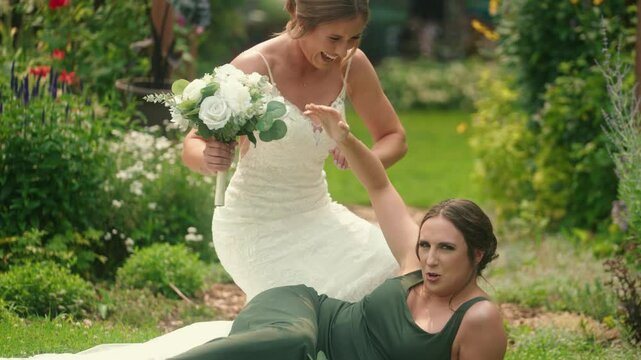 Close-up bride maid of honor jokingly slapping butts in flower garden laughing