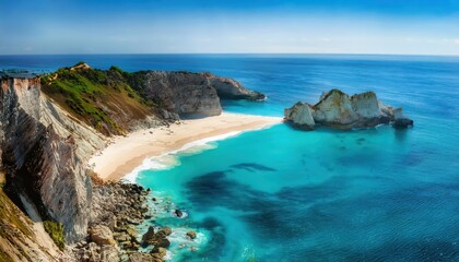Fototapeta premium Palm trees sway gently in the breeze, their fronds casting dancing shadows on the sand below.