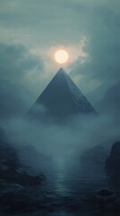 Mysterious pyramid under moonlit sky amidst foggy