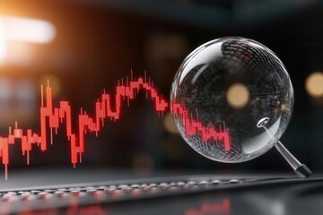 A magnifying glass focuses on a fluctuating stock market graph, symbolizing analysis and investment opportunities.