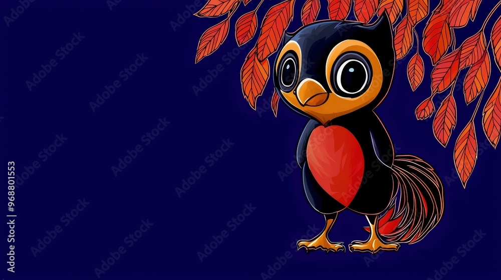 Wall mural cute cartoon bird with autumn leaves illustration