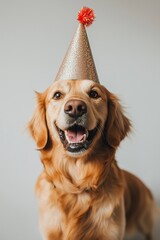Happy Birthday card with a joyful, smiling dog wearing a festive party hat, on a solid color background. Playful and celebratory moment.