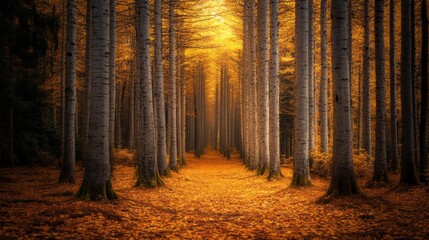 Fototapeta premium Sunlit Path Through Golden Autumn Forest