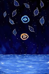 Naklejka premium Night Sky Over Calm Ocean With Glowing Flowers