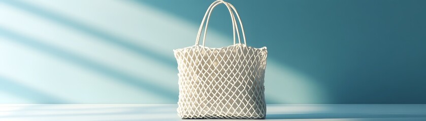 A stylish woven bag placed on a surface with soft lighting, showcasing modern design and elegance.