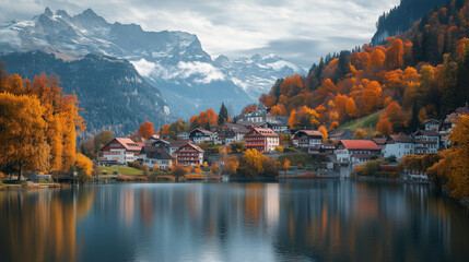 Fototapeta premium An autumn mountain village with bright trees reflected in the calm surface of the lake. Distant mountains are covered with snow, and houses are surrounded by colorful autumn foliage