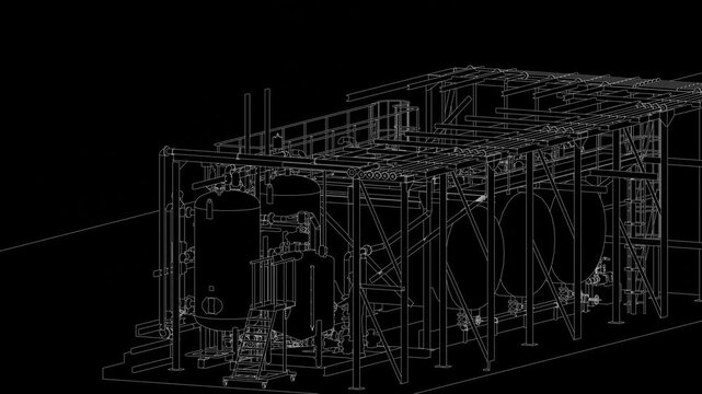 Industrial refinery plant seamless 3d loop animation, blueprint linework
