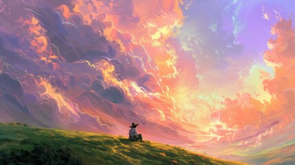 Fototapeta premium a painter was sitting on the edge of green hills looking at the colorful evening sky with wavy clouds and sunlight creeping between the gaps in the clouds.
