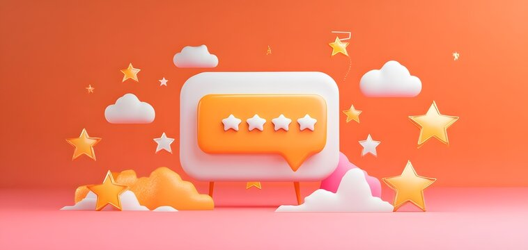 A vibrant 3D illustration featuring a speech bubble with stars, clouds, and a playful background, ideal for feedback or review themes.
