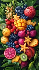 Fruit salad on banana leaf platter, vibrant illustration.