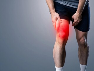 Person gripping their thigh, with red muscles highlighted, representing intense muscle ache, thigh muscle pain, strain and recovery