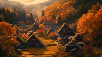 Fototapeta premium Traditional Japanese Village Nestled in Golden Autumn Foliage