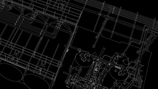 Industrial refinery plant seamless 3d loop animation, blueprint linework