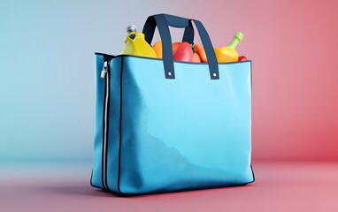 A vibrant blue tote bag filled with colorful fruits, perfect for showcasing eco-friendly shopping and wellness.