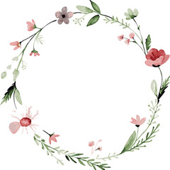 Fototapeta premium Watercolor floral wreath with tiny cute flower. Abstract round frame with flowers and leaves