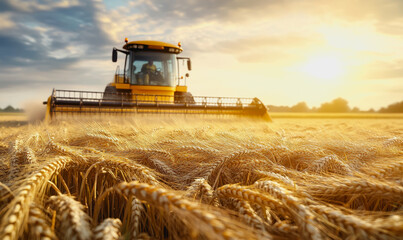 Obraz premium Wheat field at harvest with sunlight, golden stalks, and a distant harvester in the background