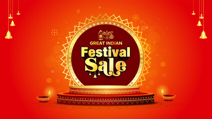 Festive background with Podium for Navratri, Durga puja, dussehra dhanteras diwali sale, offer deal. Golden stage, luxury vintage, template, ornament, diya, lights lantern sparkle and crackers design.