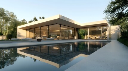 Fototapeta premium A chic modern bungalow with smooth concrete walls, floor-to-ceiling glass, and a swimming pool reflecting its cool, modern architecture
