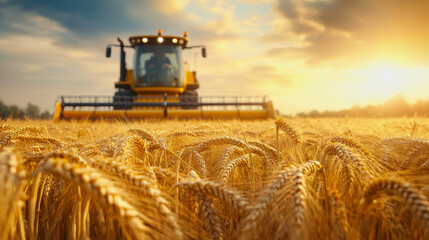 Wheat field at harvest with sunlight, golden stalks, and a distant harvester in the background